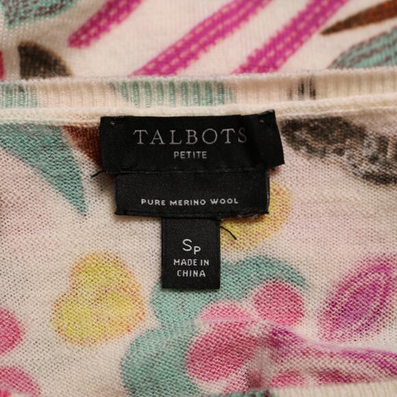 Talbots Petites Merino Wool Sweater S Spring Floral Retro Mod Print Lightweight - Picture 6 of 9